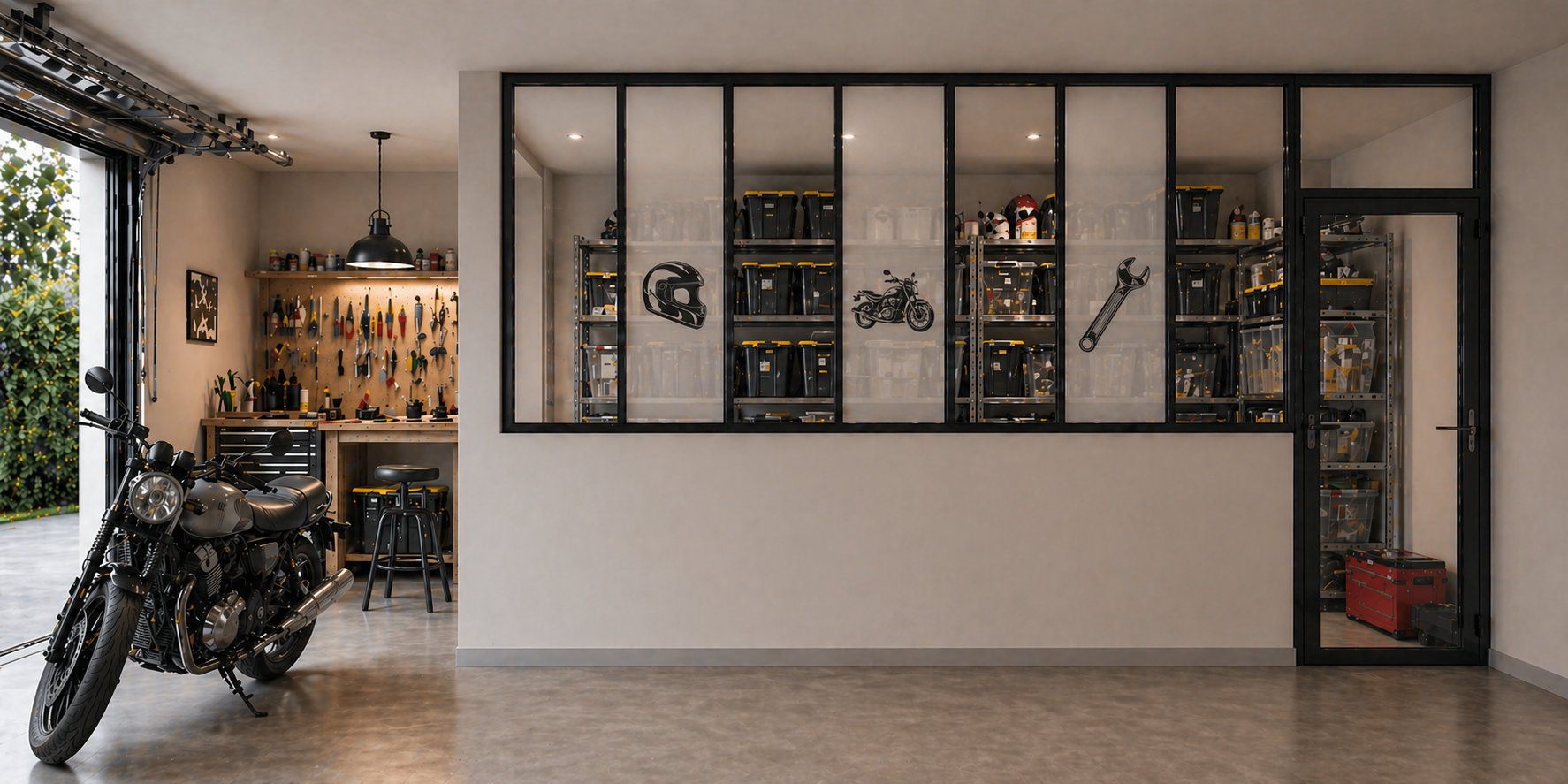 illustration d'un garage aménagé avec une séparation entre la partie rangement et la partie atelier grâce à une verrière 99 deco