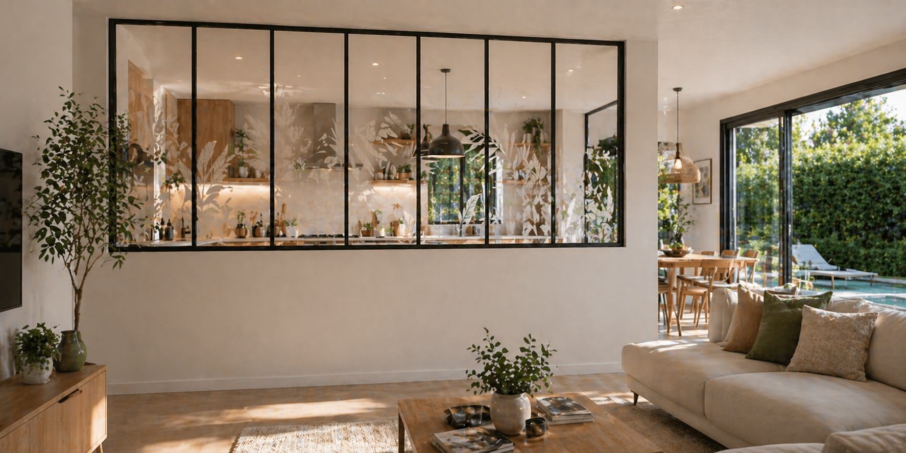 motif végétal sur verrière d'atelier séparant une cuisine d'un salon pour un intérieur moderne